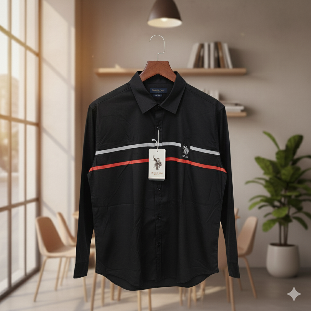 Men's Black Full Sleeve Casual Shirt with Contrast Stripe Design