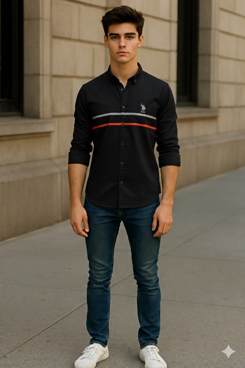 Men's Black Full Sleeve Casual Shirt with Contrast Stripe Design