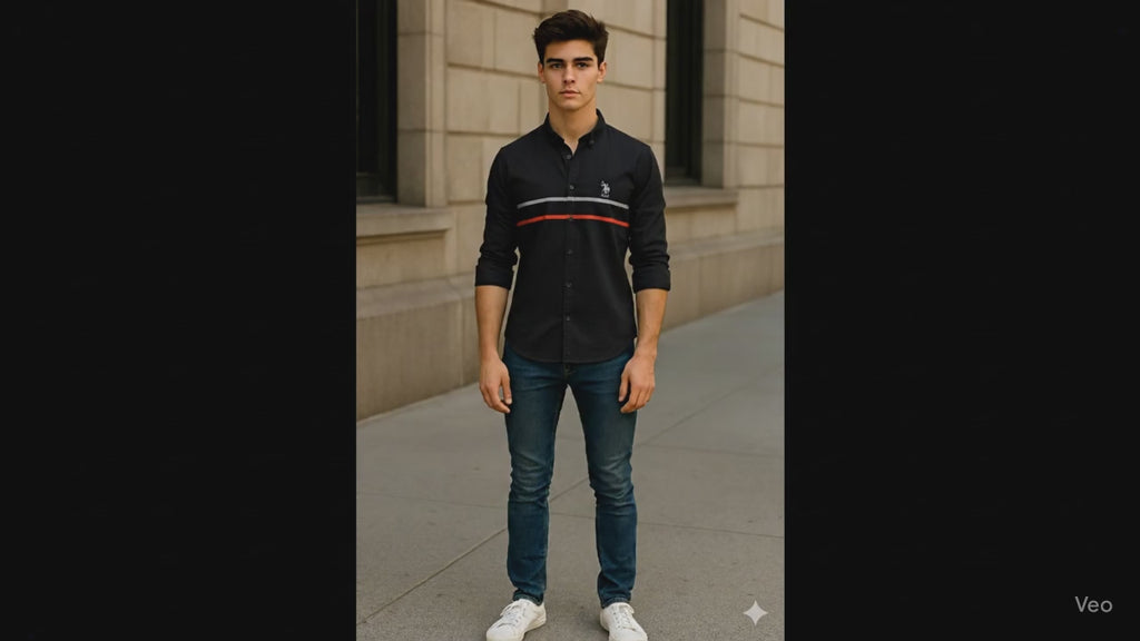 Men's Black Full Sleeve Casual Shirt with Contrast Stripe Design