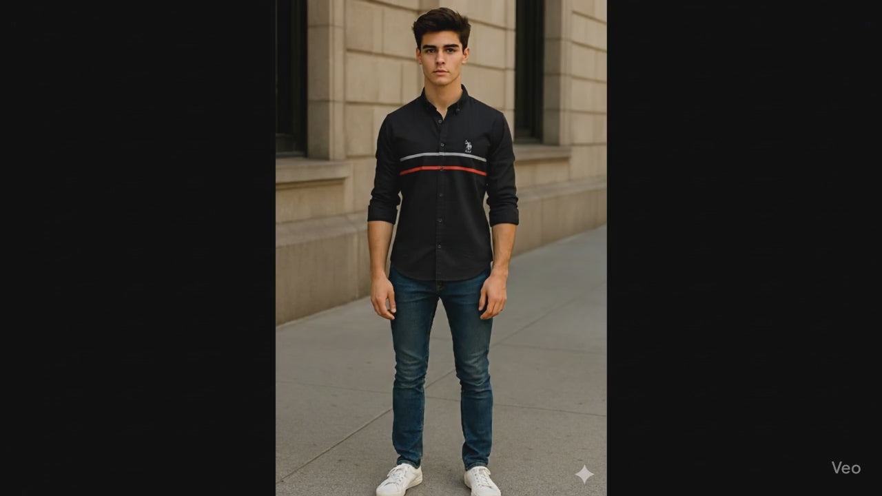 Men's Black Full Sleeve Casual Shirt with Contrast Stripe Design